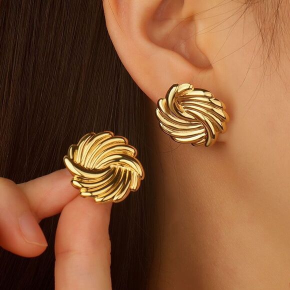 Gold-Tone Swirl Pierced Stud Earrings Classic Dainty Lightweight Classic Trendy - Picture 2 of 10